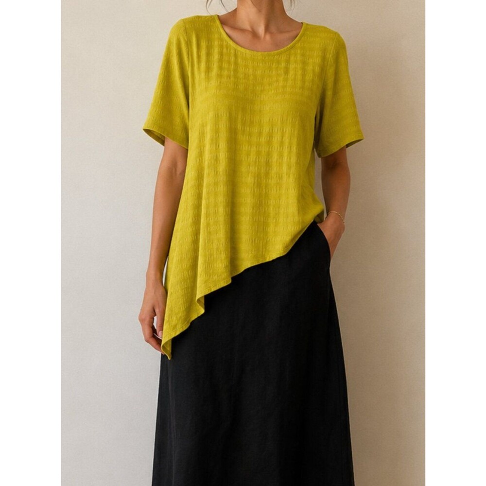 FENINI Textured Chartreuse Asymmetrical Tunic Top Size Medium Boho Artsy